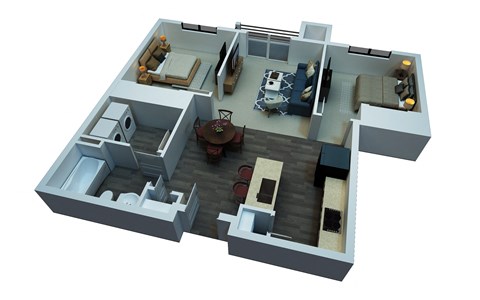 a 3d floor plan with a bedroom and living room